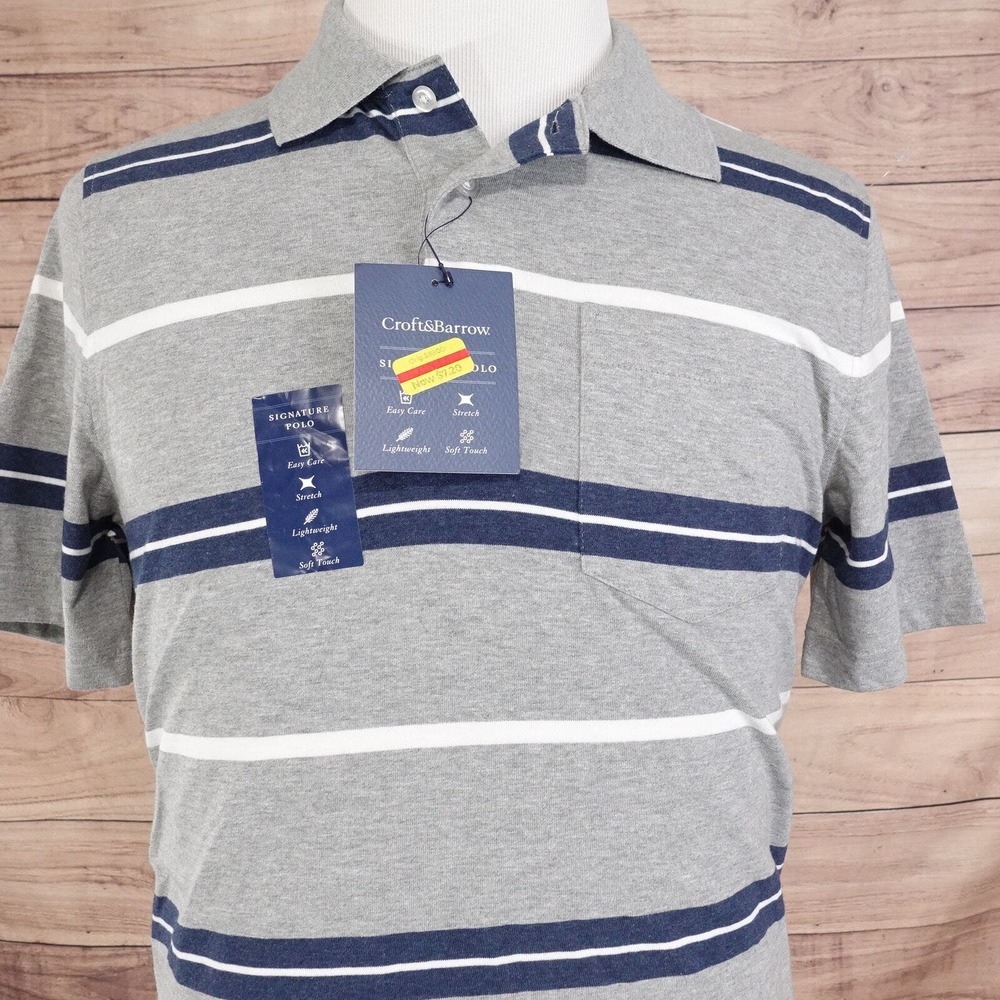 NWT‎ CROFT & BARROW GREY STRIPED SIGNATURE POLO SHIRT MENS SZ S SMALL NEW!